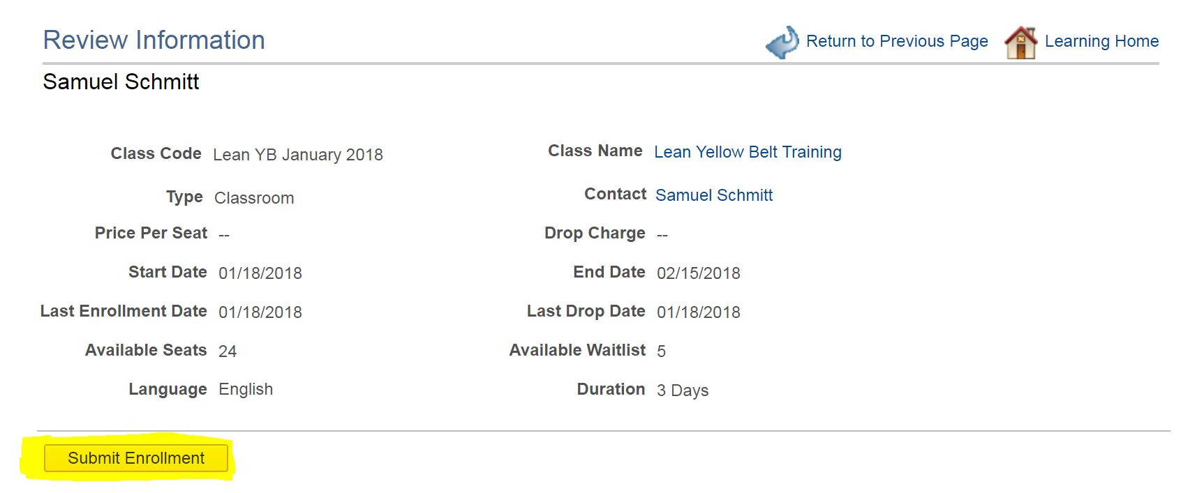 Selected class with submit enrollment button highlighted